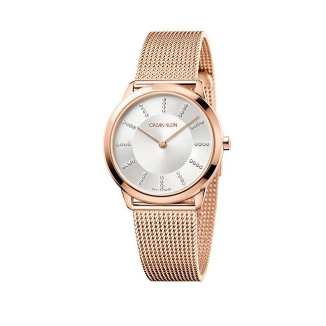 Calvin Klein Minimal White Dial Rose Gold Mesh Bracelet Watch for Women - K3M22Y2X