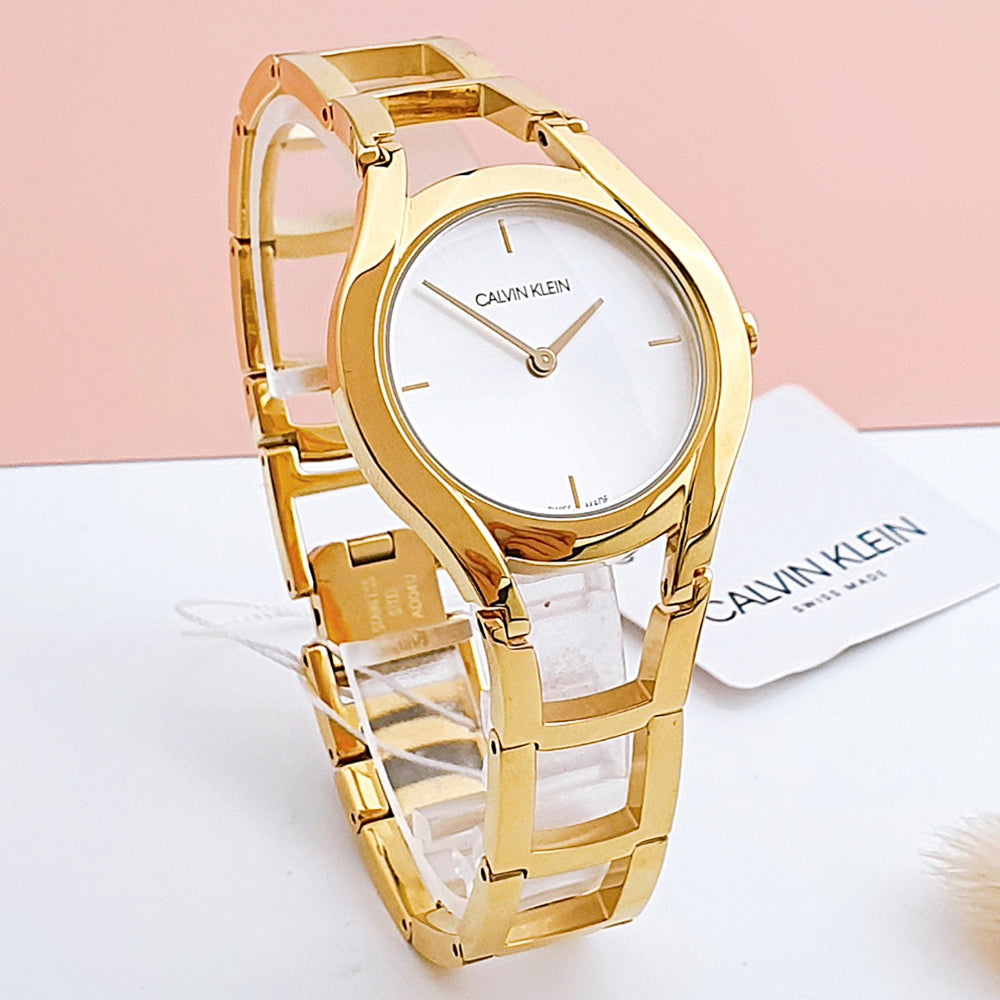 Calvin Klein Class White Dial Gold Steel Strap Watch for Women - K6R23526