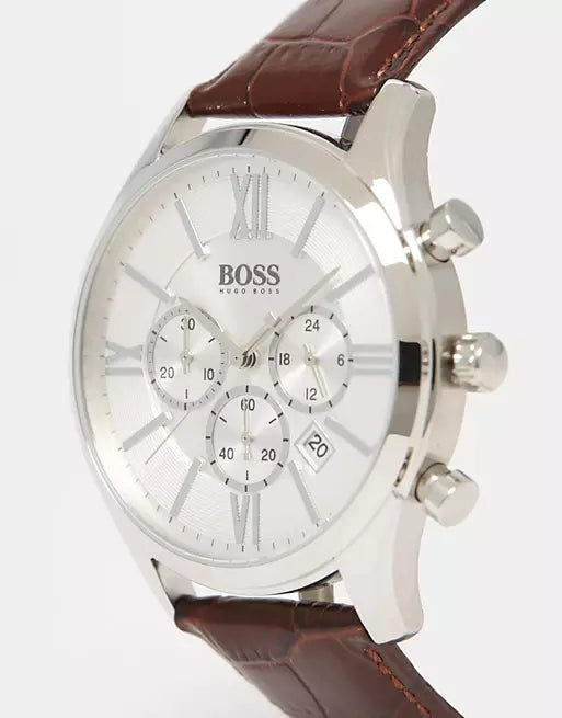 Hugo Boss Ambassador Chronograph Silver Dial Brown Leather Strap Watch For Men - HB1513195