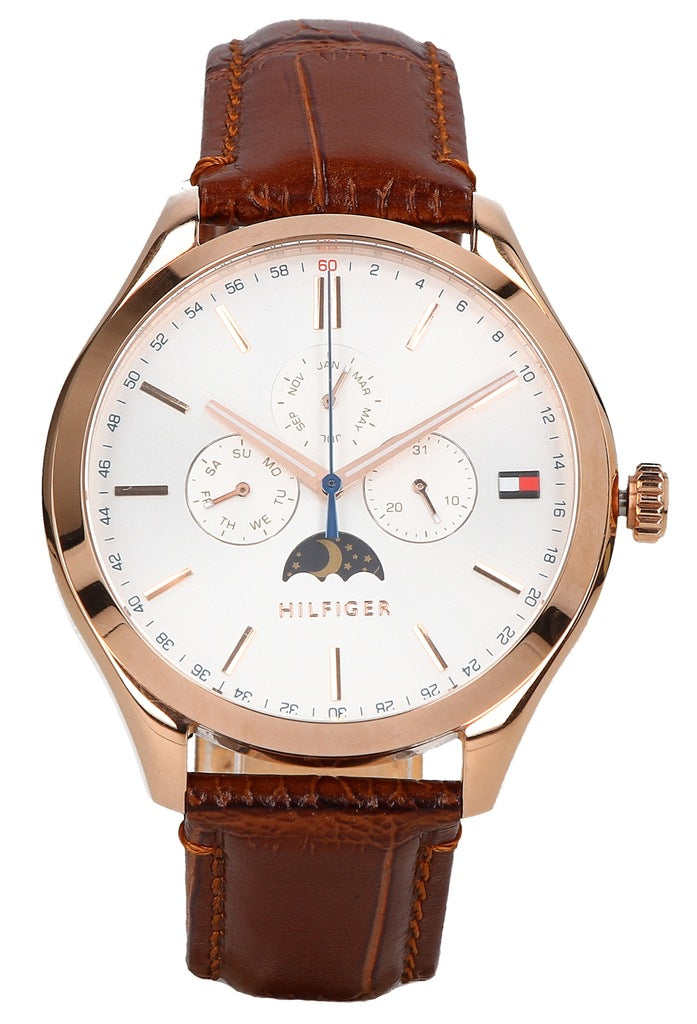 Tommy Hilfiger Oliver Chronograph White Dial Brown Leather Strap Watch for Men - 1791306
