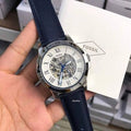 Fossil Grant Automatic Skeleton Silver Dial Blue Leather Strap Watch for Men - ME3111