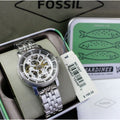 Fossil Boyfriend Automatic Skeleton Silver Dial Silver Steel Strap Watch for Women - ME3067