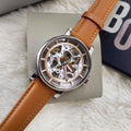 Fossil Boyfriend Automatic Skeleton Silver Dial Brown Leather Strap Watch for Women - ME3109