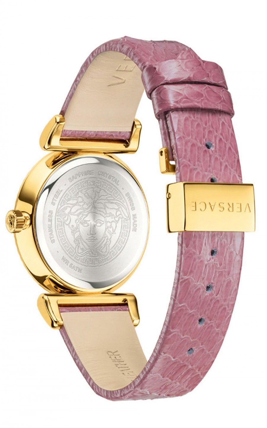 Versace V-Motif Vintage Logo Diamonds Gold Dial Pink Leather Strap Watch for Women - VERE01118