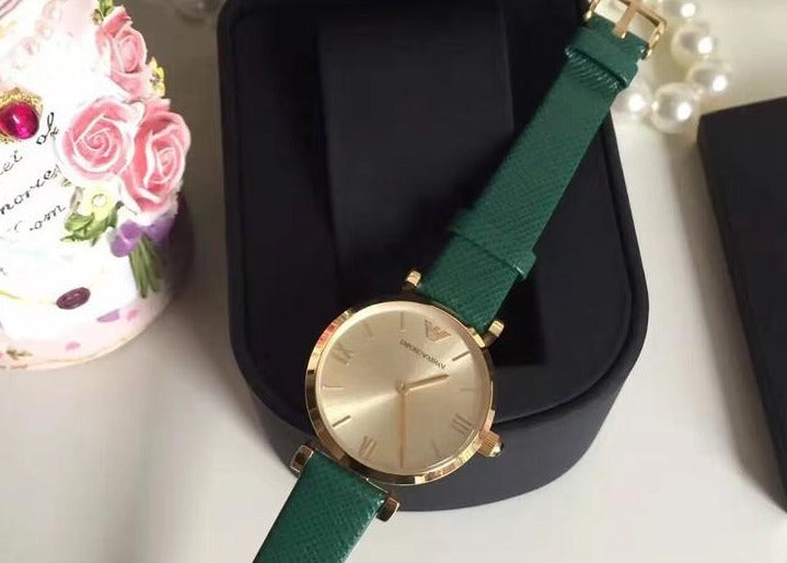 Emporio Armani Retro Gold Dial Green Leather Strap Watch For Women - AR1726