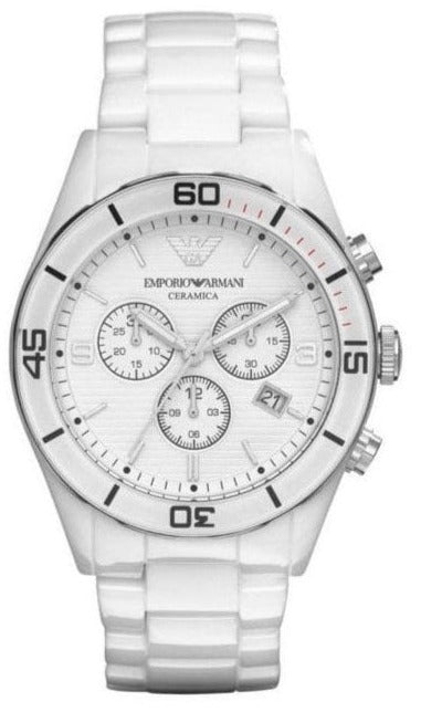 Emporio Armani Ceramic Chronograph White Dial White Steel Strap Watch For Men - AR1424