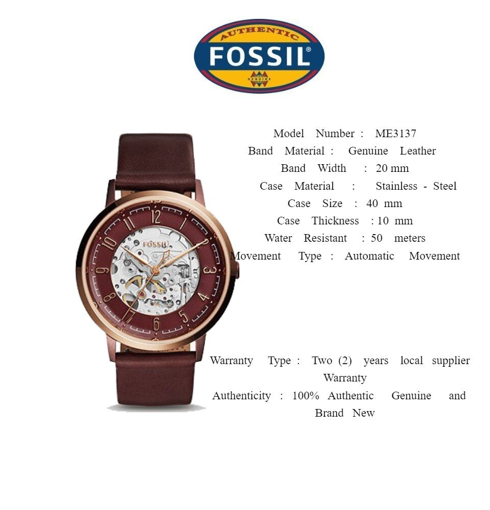 Fossil Vintage Muse Automatic Skeleton Maroon Dial Maroon Leather Strap Watch for Women - ME3137