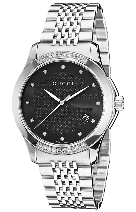 Gucci G Timeless Diamond Black Dial Silver Steel Strap Watch For Women - YA126408