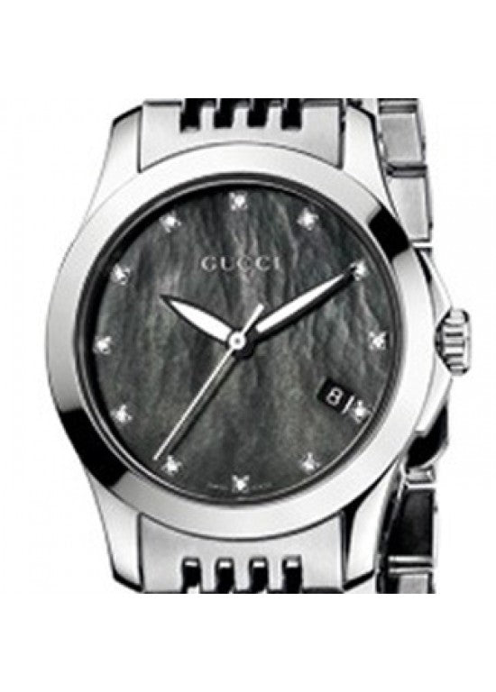 Gucci G Timeless Diamond Mother of Pearl Black Dial Silver Steel Strap Watch For Women - YA126505