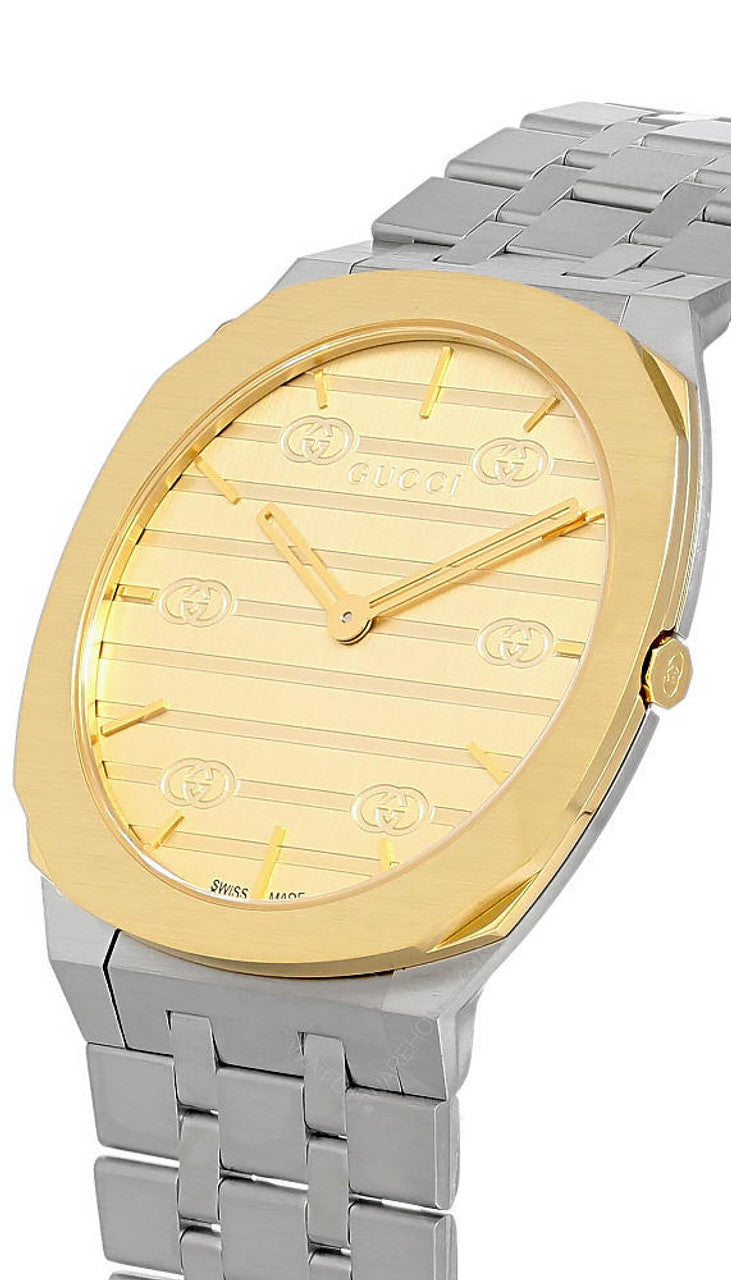 Gucci 25H Quartz Gold Dial Silver Steel Strap Unisex Watch - YA163403