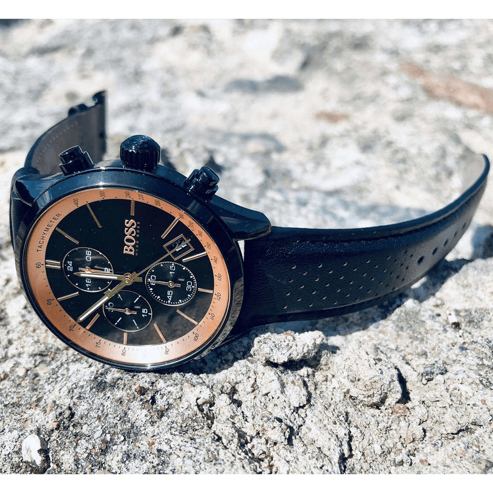 Hugo Boss Grand Prix Chronograph Black Dial Black Leather Strap Watch for Men - 1513550