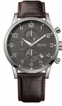 Hugo Boss Aeroliner Chronograph Quartz Grey Dial Brown Leather Strap Watch For Men - HB1512570