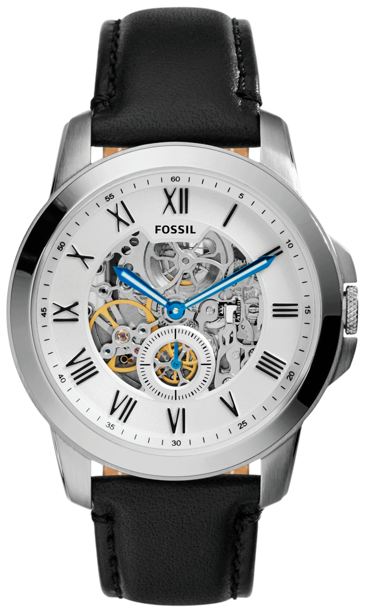 Fossil Grant Skeleton White Dial Black Leather Strap Watch for Men -  ME3053