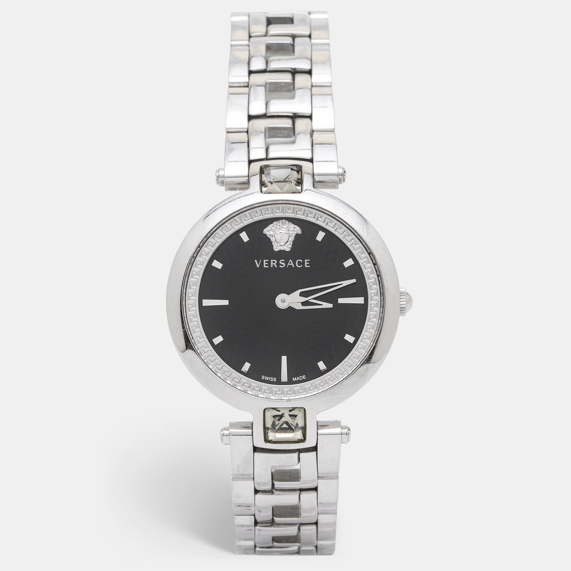 Versace Crystal Gleam Guilloche  Black Dial Silver Steel Strap Watch for Women - VAN030016