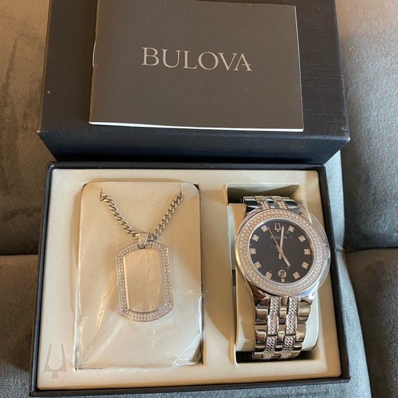 Bulova Crystal Collection Black Dial Silver Steel Strap Watch for Men - 96K102