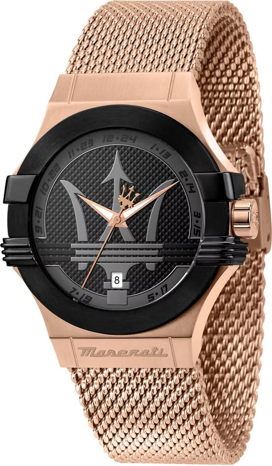 Maserati Potenza Classic Black Dial Rose Gold Mesh Bracelet Watch For Men - R8853108009