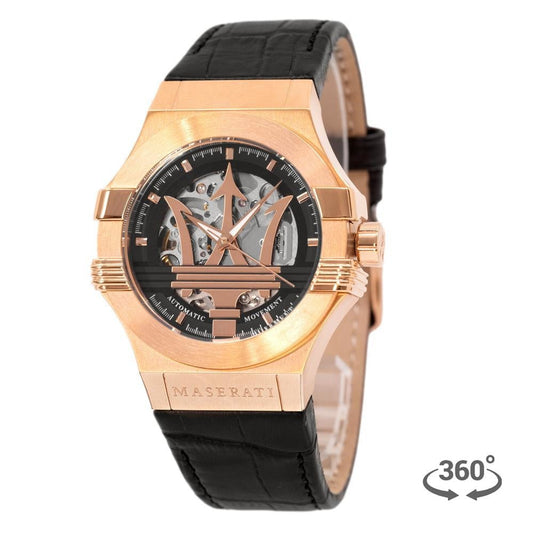 Maserati Potenza Automatic Skeleton Dial Rose Gold Black Leather Strap Watch For Men - R8821108039
