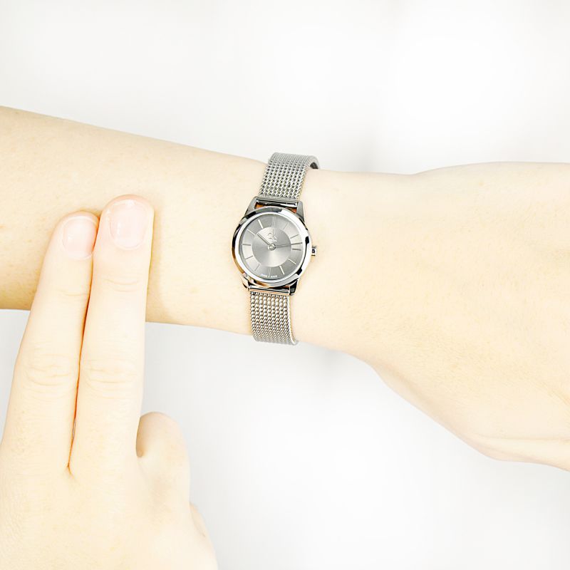 Calvin Klein Minimal Grey Dial Silver Mesh Bracelet Watch for Women - K3M23124
