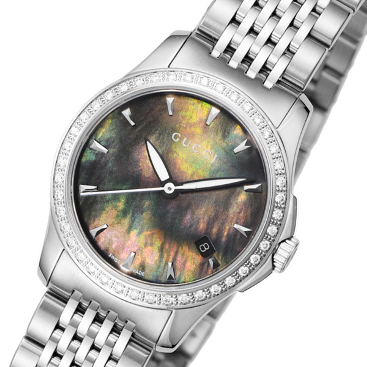 Gucci G Timeless Diamonds Mother of Pearl Black Dial Silver Mesh Bracelet Watch For Women - YA126507