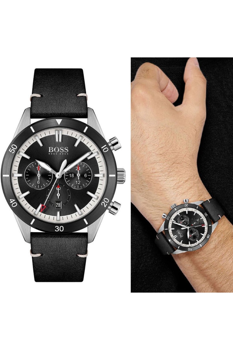 Hugo Boss Santiago Chronograph Black Dial Black Leather Strap Watch for Men - 1513864