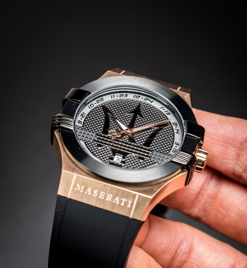 Maserati Potenza Black & Rose Gold Dial Black Rubber Strap Watch For Men - R8851108002