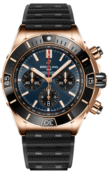 Breitling Chronomat B01 44 18K Red Gold Blue Dial Black Rubber Strap Watch for Men - RB01362A1C1S1
