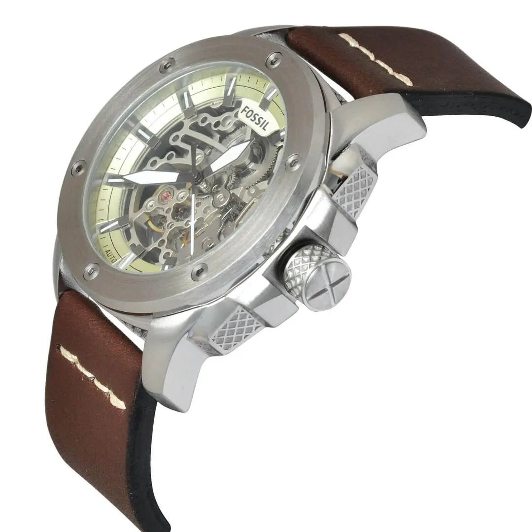 Fossil Modern Machine Automatic Skeleton White Dial Brown Leather Strap Watch for Women - ME3083