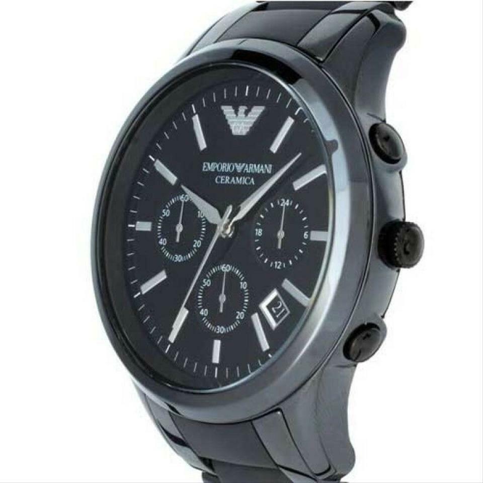 Emporio Armani Ceramica Chronograph Black Dial Black Steel Strap Watch