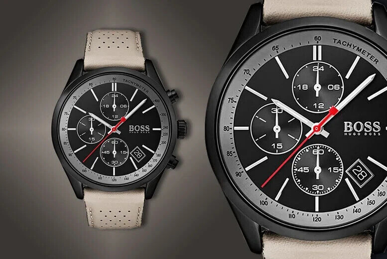 Hugo Boss Grand Prix Chronograph Black Dial Grey Leather Strap Watch for Men - 1513562