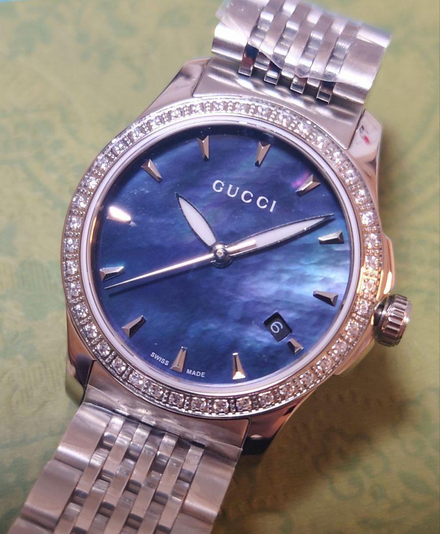 Gucci G Timeless Diamonds Mother of Pearl Black Dial Silver Mesh Bracelet Watch For Women - YA126507