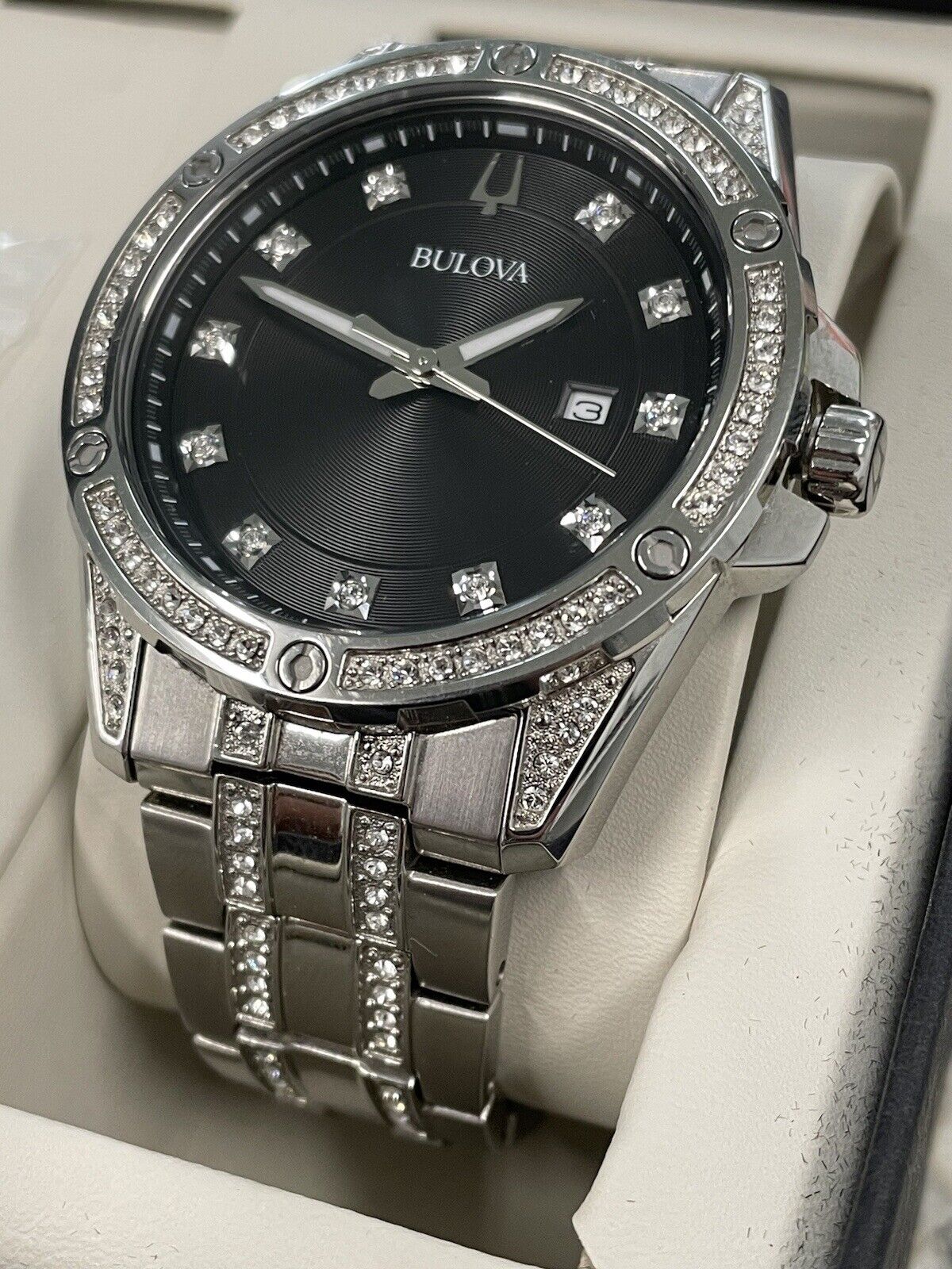 Bulova Crystal Collection Black Dial Silver Steel Strap Watch for Men - 96K104
