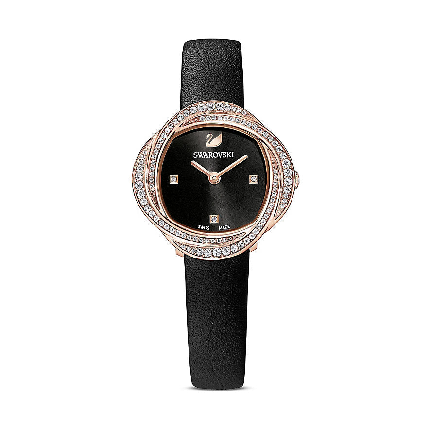 Swarovski Crystal Flower Black Dial Black Leather Strap Watch for Women - 5552421