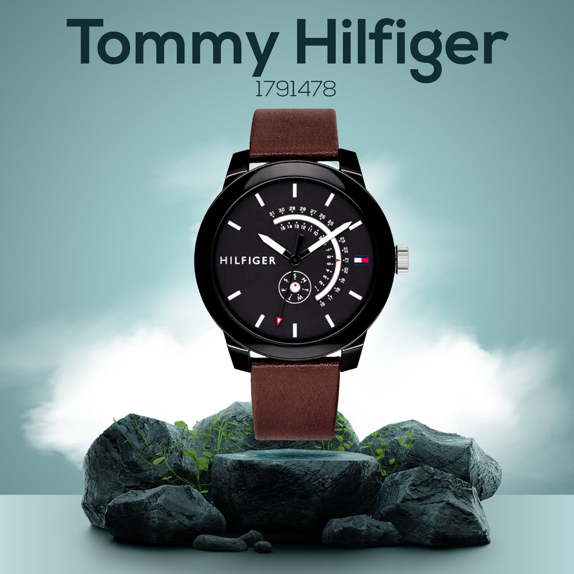 Tommy Hilfiger Denim Black Dial Brown Leather Strap Watch for Men - 1791478