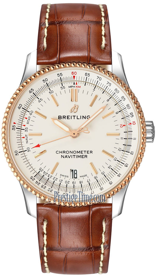 Breitling Navitimer Automatic 38mm White Dial Brown Leather Strap Mens Watch - A17325211G1P1