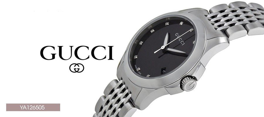 Gucci G Timeless Diamond Mother of Pearl Black Dial Silver Steel Strap Watch For Women - YA126505