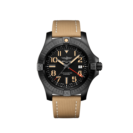 Breitling Avenger Automatic GMT 45 Black Dial Brown Nylon Strap Watch for Men - V32395101B1X1