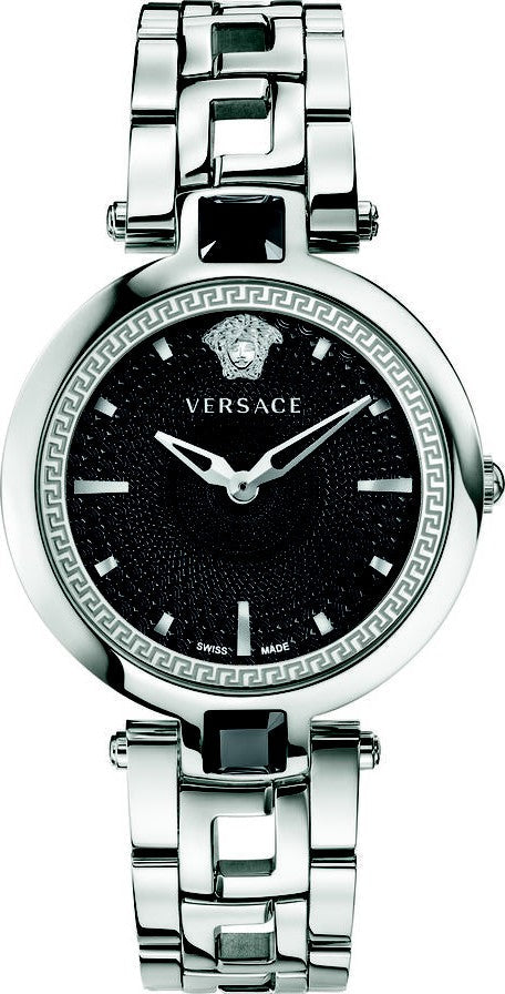 Versace Crystal Gleam Guilloche  Black Dial Silver Steel Strap Watch for Women - VAN030016