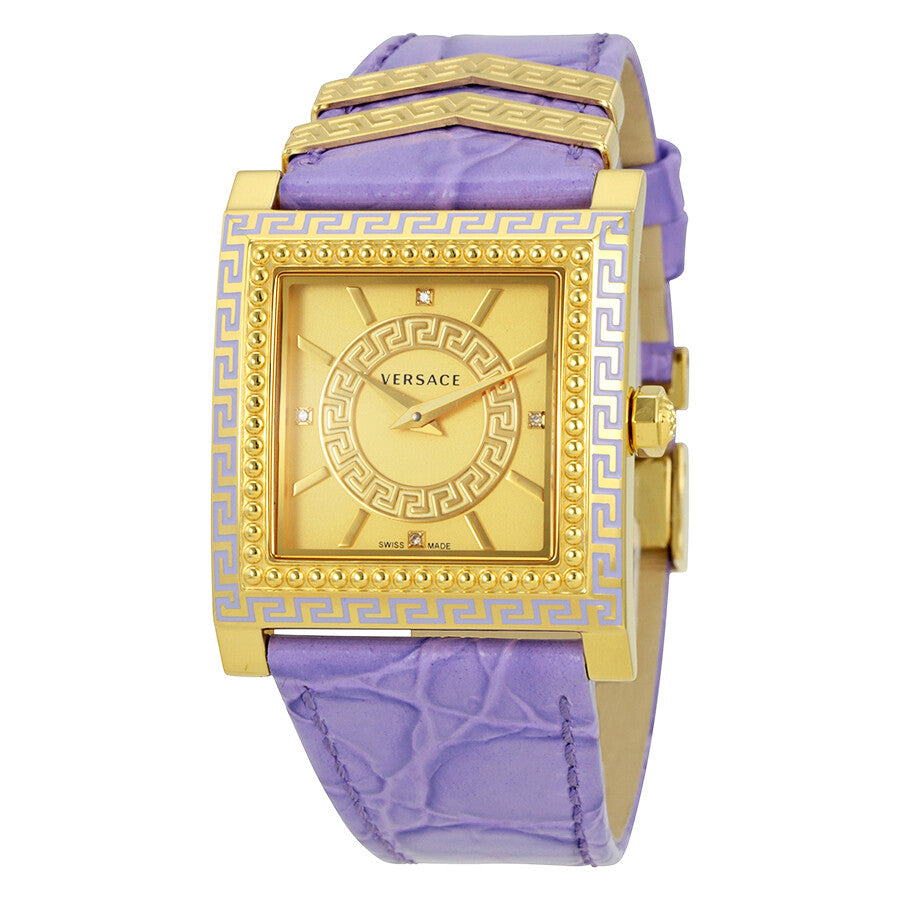 Versace Day Glam Chronograph Gold Dial Purple Leather Strap Watch for Women - VQF040015