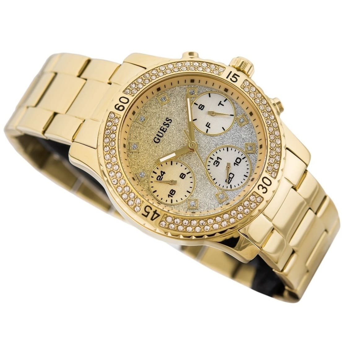 Guess Confetti Diamonds Silver Dial Gold Steel Strap Watch for Women - W0774L5