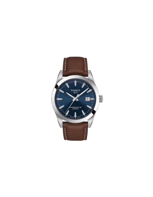 Tissot Gentlemen Powermatic 80 Silicium Blue DIal Brown Leather Strap Watch For Men - T127.407.16.041.00