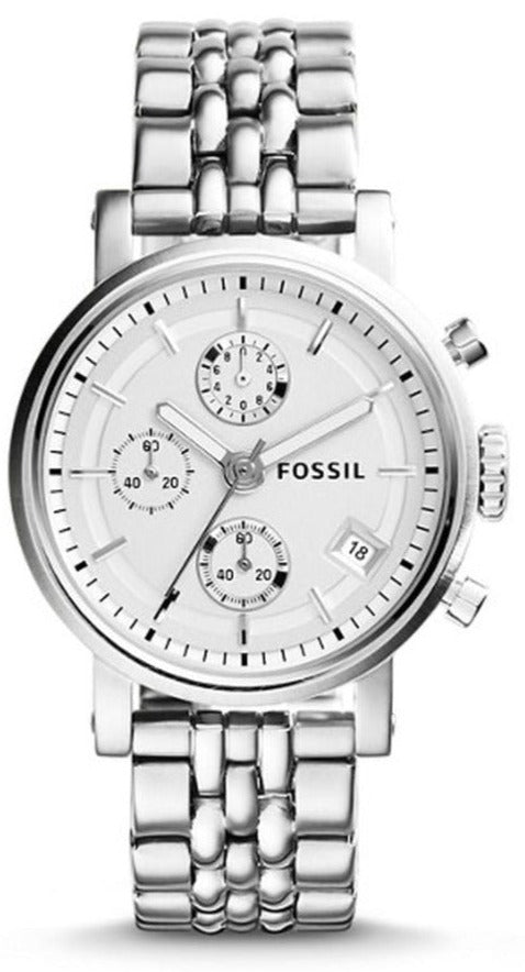 Fossil Boyfriend Chronograph Silver Dial Silver Steel Strap Watch for Women - ES2198