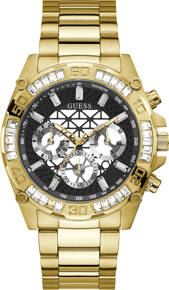 Guess Trophy Diamonds Black Dial Gold Steel Strap Watch for Men - GW0390G2