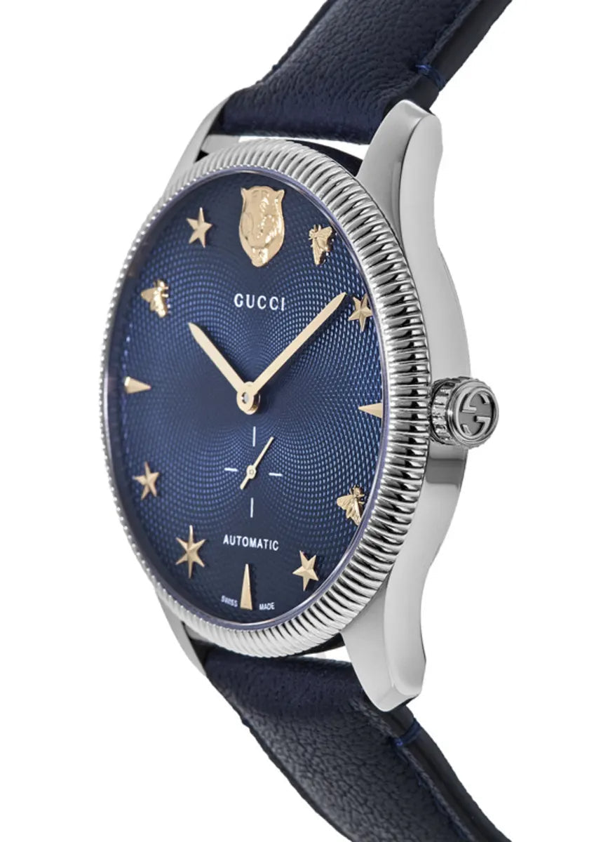 Gucci G Timeless Automatic Blue Dial Black Leather Strap Watch For Men - YA126347