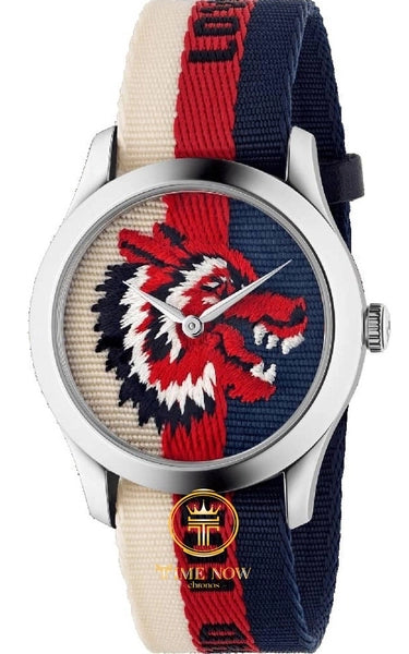 Gucci G Timeless Quartz White Red Blue Dial Multicolored NATO Strap Watch For Men - YA1264059