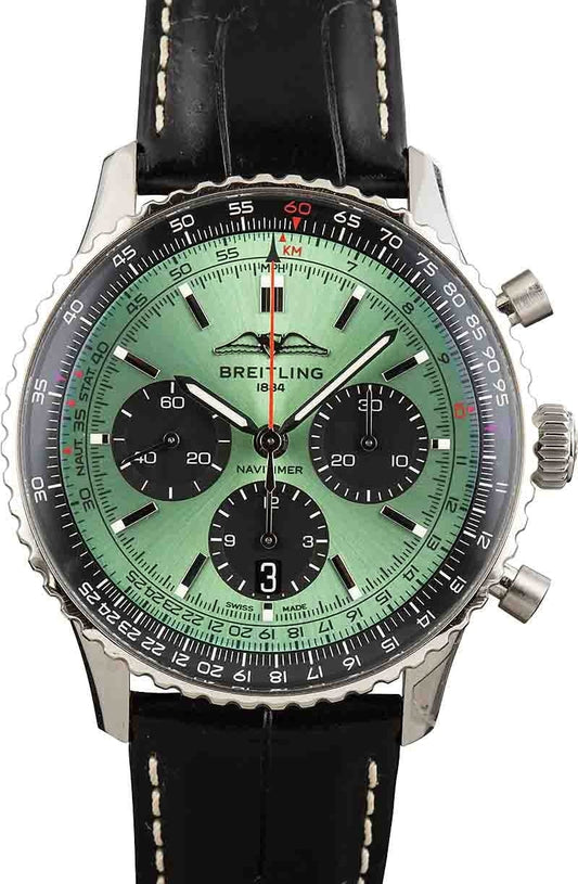 Breitling Navitimer B01 Chronograph 43 Green Dial Black Leather Strap Watch for Men - AB0138241L1P1