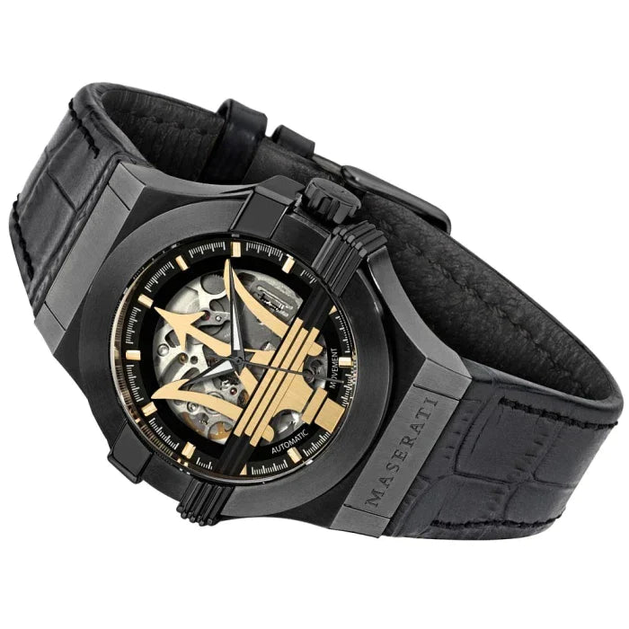 Maserati Potenza Skeleton Limited Edition Black Dial Black Leather Strap Watch For Men - R8821108027