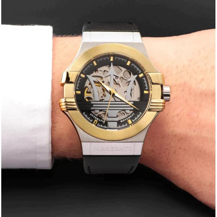 Maserati Potenza Automatic Skeleton Dial Black Strap Watch For Men - R8821108037