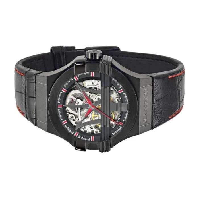 Maserati Potenza Automatic Black Dial Black Leather Strap Watch For Men - R8821108008